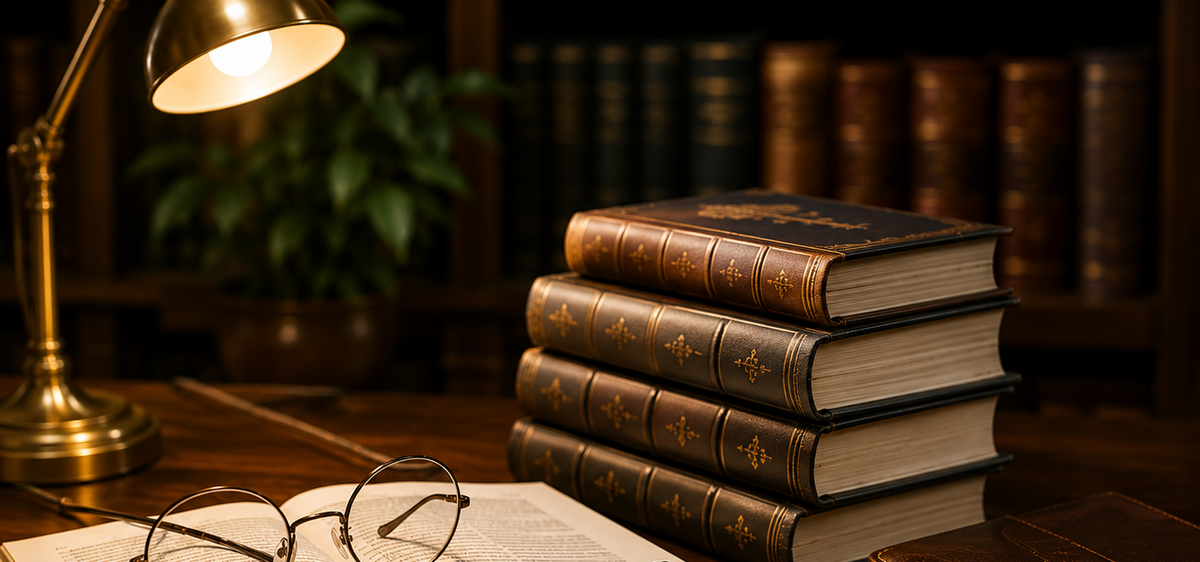 Stack of books, open book with glasses and pen, and lamp on a wooden desk.